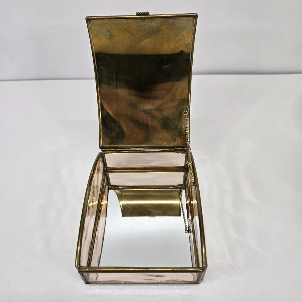 VTG Enesco Bride‎ Brass Trinket Box Hand Crafted Glass Made In MEXICO MCM